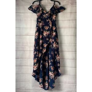 iZ Byer Navy Blue Floral Romper Dress Tank and Ruffle Sleeves Hi Low Size 5